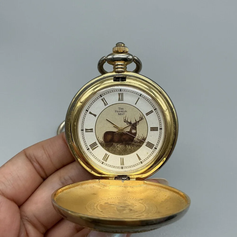 Franklin Mint American Wildlife Mens Pocket Watch 51mm Deer Chain New Battery